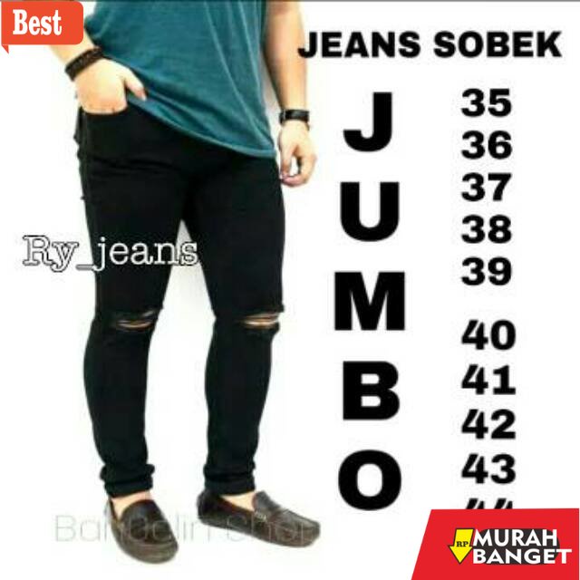 riped jeans terbaru- Jeans jumbo pria celana hitam sobek lutut ripped jeans pria streeth