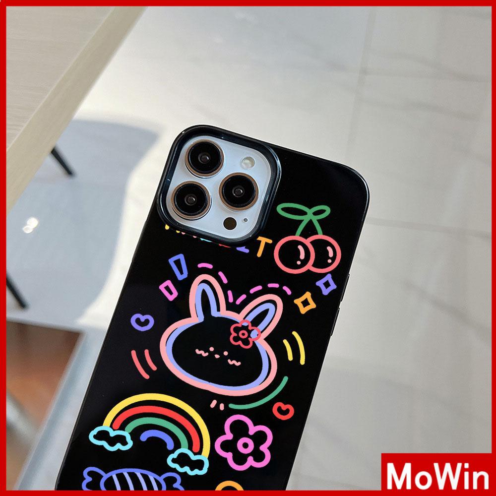 For iPhone 14 Pro Max iPhone Case Black Glossy TPU Soft Case Shockproof Protection Camera Cute Rainbow Bunny  Compatible with iPhone 13 Pro max 12 Pro Max 11 xr xs max 7Plus 8Plus