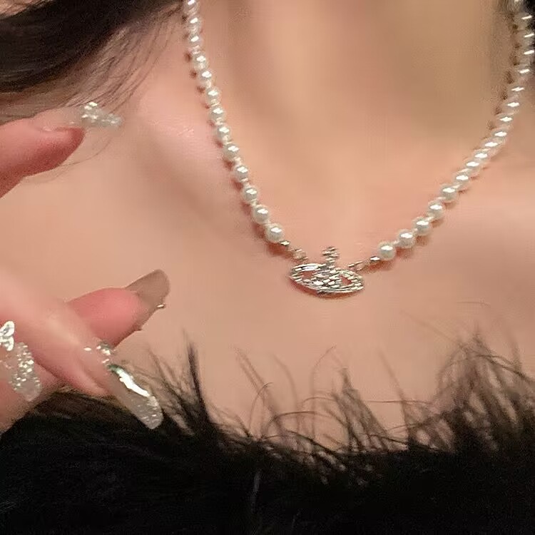 Ifyou Elegan Planet Kalung Gelang Mutiara Kristal Emas Perak Rantai Choker Gelang Untuk Wanita Perhiasan Aksesoris