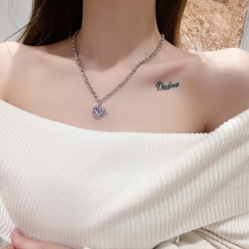 Ifyou Kalung Liontin Zirkon Hati Ungu Simple Kristal Rantai Silver Choker Untuk Aksesoris Perhiasan Wanita