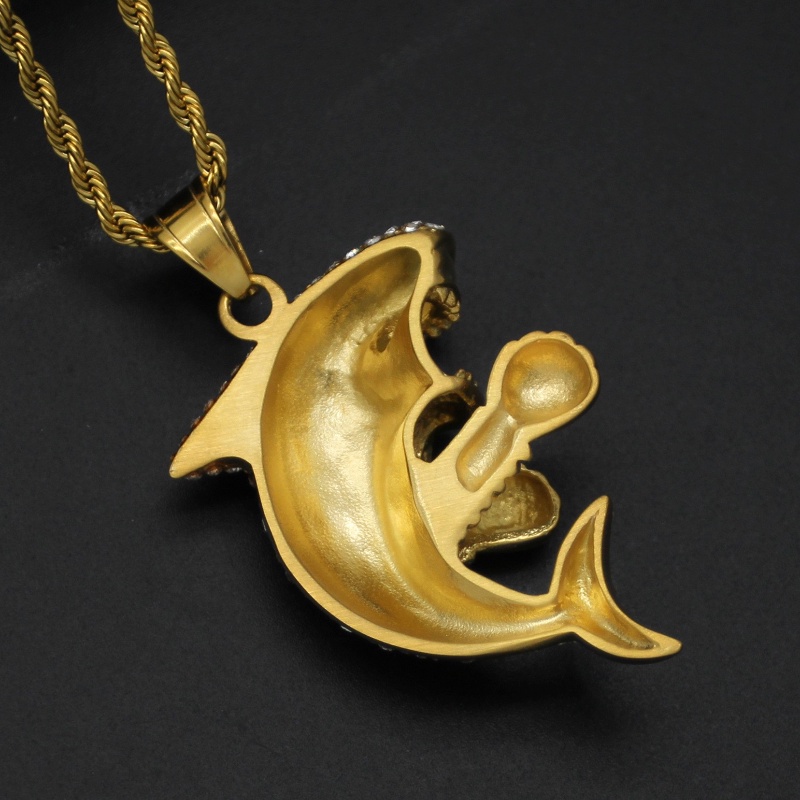 [Z H Perhiasan] Vintage Tinju Hiu Penuh Berlian Hip Hop Liontin Fashion Pria Anti Karat Kalung Pesta Batu Baja Titanium Perhiasan Aksesoris Grosir