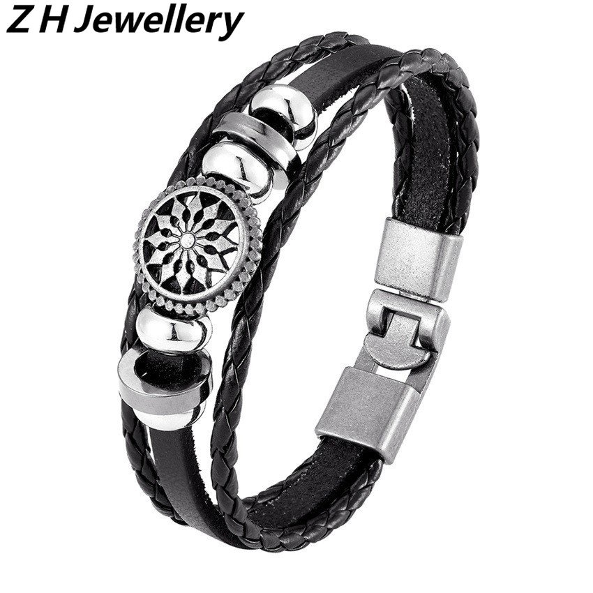 [Z H Perhiasan] Vintage Rock Bunga Matahari Kulit Asli Gelang Pria Dan Wanita Fashion Anti Karat Multilayer Manik-Manik PU Gelang Punk Pesta Perhiasan Aksesoris