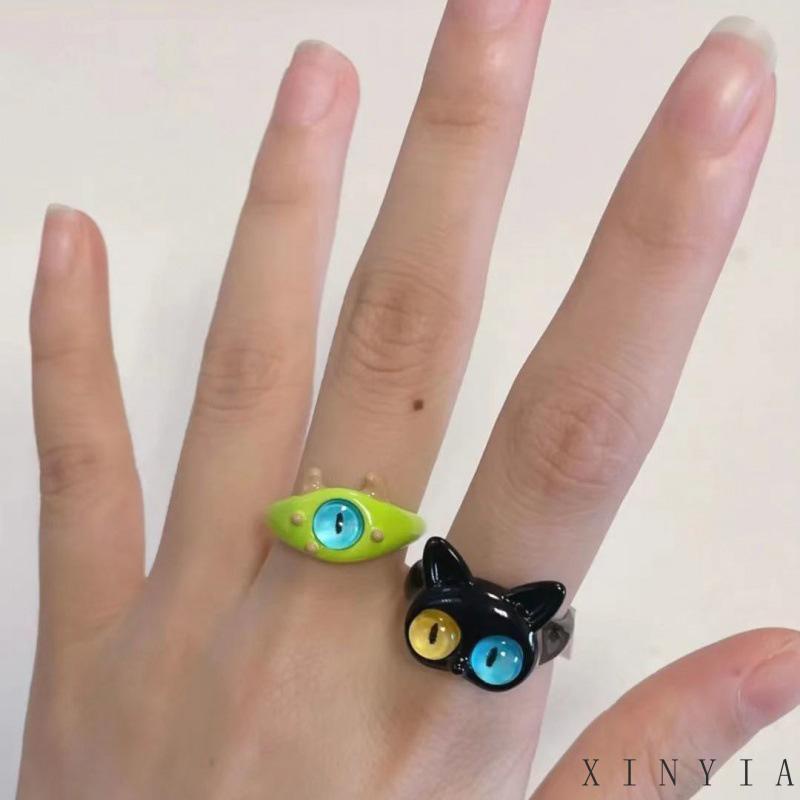 [xinyia.id11] Cincin Monster Kecil Kucing Hitam Lucu Mata Besar Manis Keren Kartun Lovely Girlfriend Couple Ring