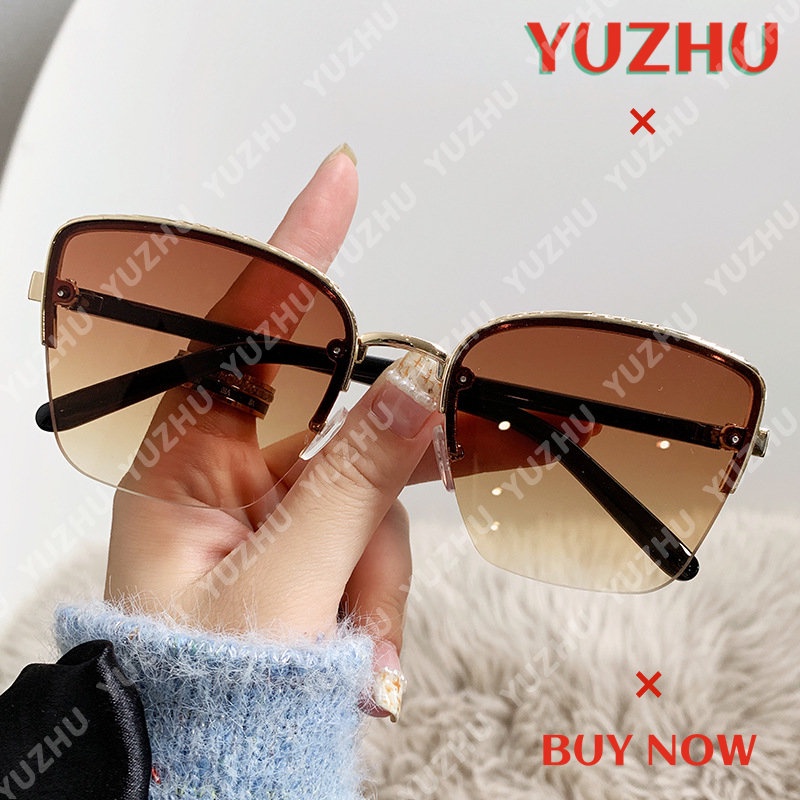 (YUZHU) Oversized Metal Half Rim Sunglasses Untuk Wanita Vintage Fashion Cat Eye Tiga Warna Gradient Sunglasses