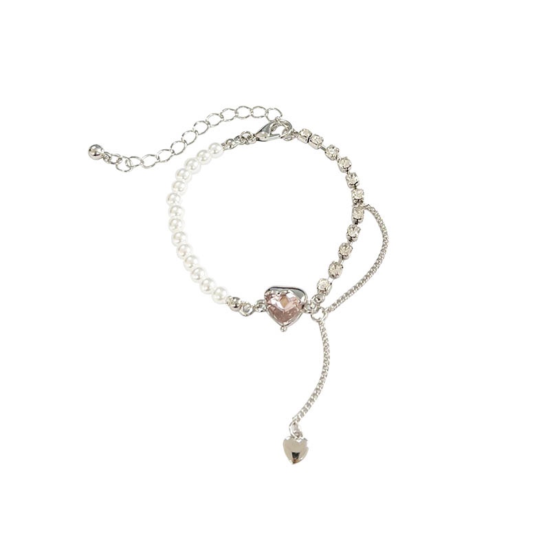 Gelang Splicing Kristal Mutiara Sweet Pink Zircon Heart Silver Chain Bracelets Untuk Aksesoris Perhiasan Wanita