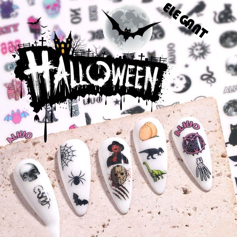 [Elegan] Halloween Stiker Kuku Wanita Perekat Diri Spider Skeleton Bears Nail Art Dekorasi