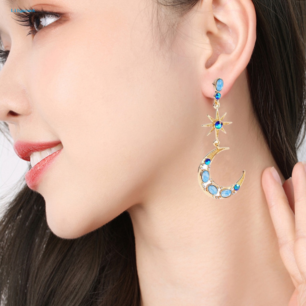 Lilyscent 1pasang Anting Pejantan Elegan Pacaran Menggunakan Bulan Bintang Anting Gantung Hias Batu Permata Buatan