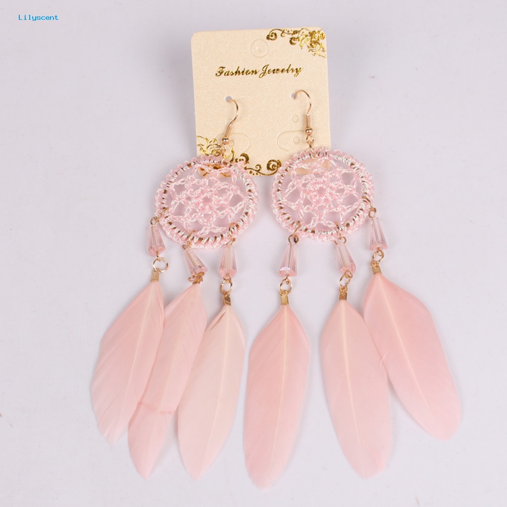 Lilyscent 1pasang Anting Kait Elegan Kostum Aksesoris Panjang Bulu Palsu Dreamcatcher Earrings Liontin