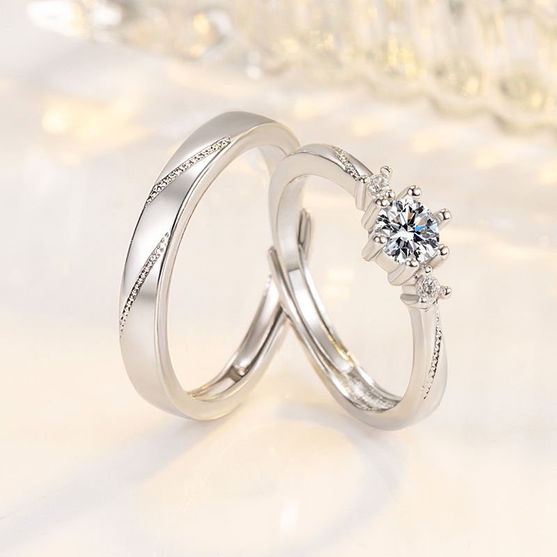 Gaya Sederhana Zirkon Perak Baja Titanium Pasangan Elegan Pria Wanita Fashion Perhiasan Pernikahan Pertunangan Rings Adjustable Size