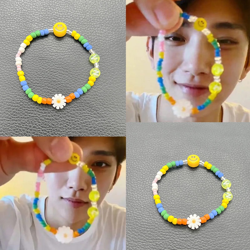 Korea KPOP Yang Sama Manik-Manik Beras Warna-Warni Gelang Pelangi Senyum Bunga Gelang