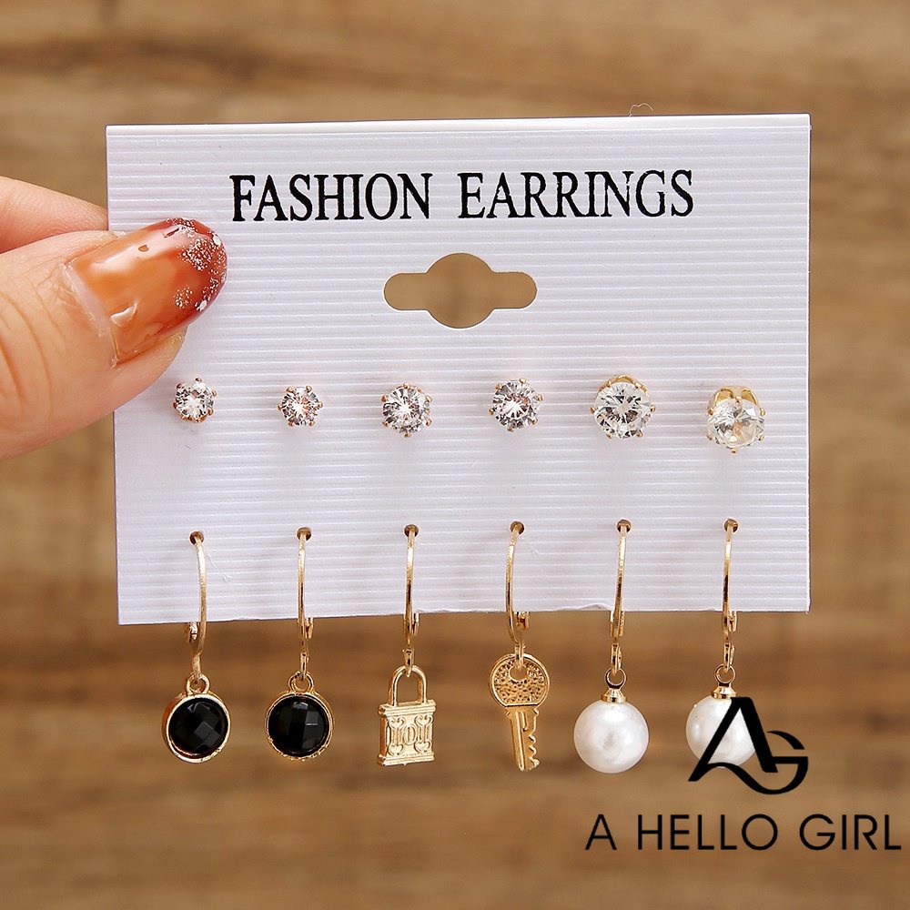 Anting Hoop Mutiara Zirkon Emas Antik Kreatif Stud Earring Set