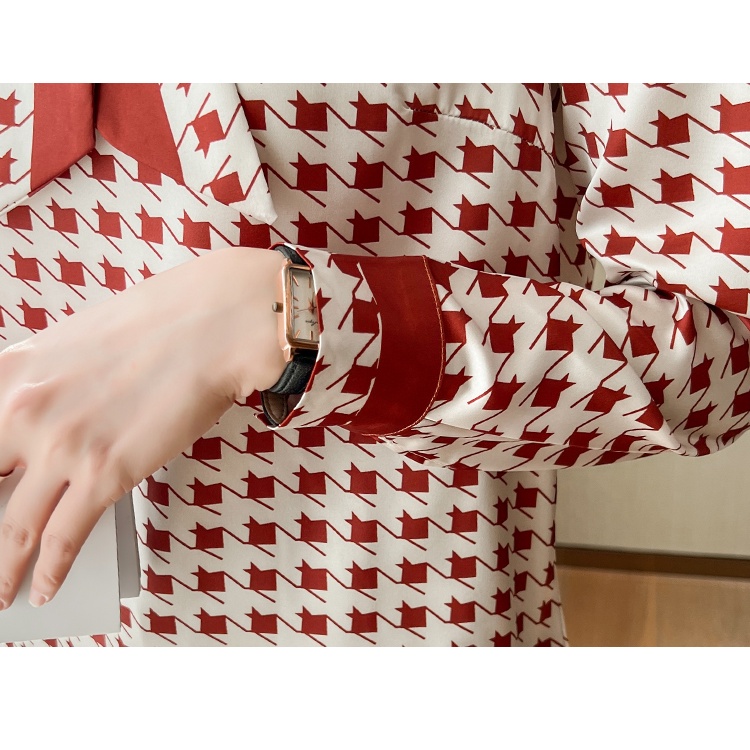 2023 New Fashion Korean Style Women Long Sleeve Blouse Red Houndstooth Casual Work Shirt