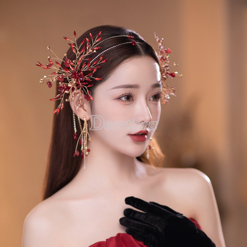 Bridal Hair Band Earrings Set Gaun Pernikahan Berlian Imitasi Hiasan Kepala Seri Sen Aksesoris Rambut Pernikahan Gaya Rantai Aksesoris Rambut