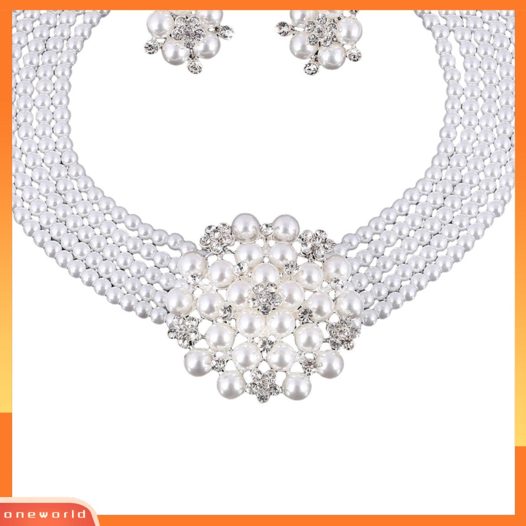 [ONE] 1set Kalung Anting Set High Gloss Mengkilap Terang Kilau Diikat Manik-Manik Mutiara Imitasi Bunga Pernikahan Pengantin Kalung Anting Perhiasan Hadiah