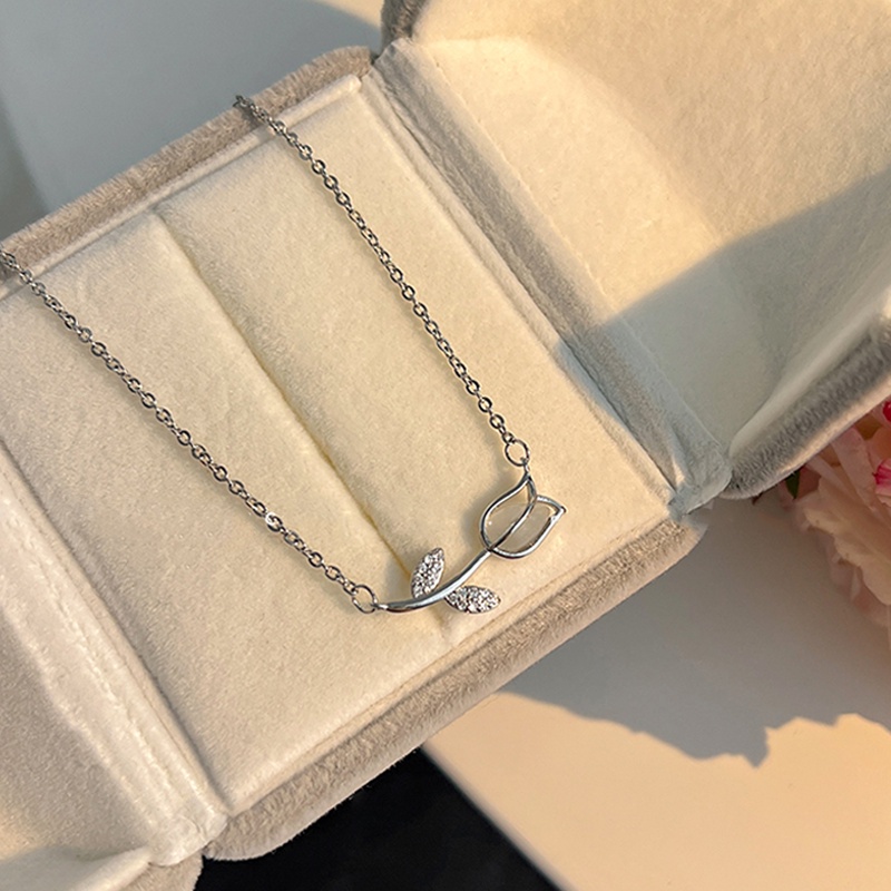 Papaozhu Korea Glossy Opal Tulip Pendant Kalung Wanita Perempuan Elegan Berlian Imitasi Mekar Bunga Kalung Perhiasan Untuk Pesta Tunangan