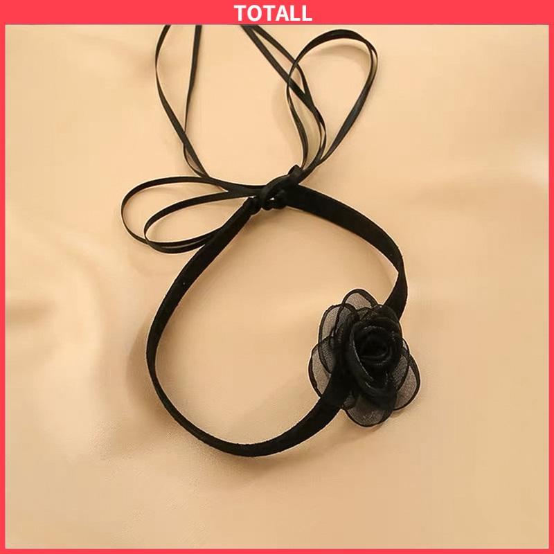 COD Waktu Seksi Choker Kerah Perhiasan Retro-Hitam Renda Camellia Kalung Pesta Makan Malam Neck-Band Wanita Fashion Adjustable Neckl-Totall