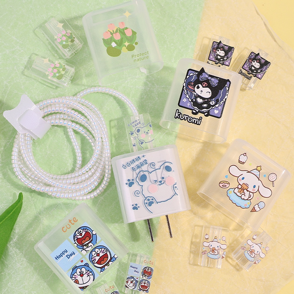 Kartun Lucu Tulip TPU Set Pelindung Kayu Manis Kuromi Doraemon Charger Pelindung Case Dengan Charging Cable Clip Cable Organiser Winder Kompatibel Untuk iPhone Adaptor 18W 20W