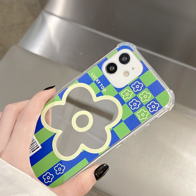 【Anti Fall Mirror】Pretty Silver Makeup Silicone Soft Case Iphone 6S 7 8 Plus X XR XS Max IPhone 11 12 13 14 Pro Max 14 Plus 7+ 8+ 12 13 mini for Women Girl Ins Blue grid sunflower