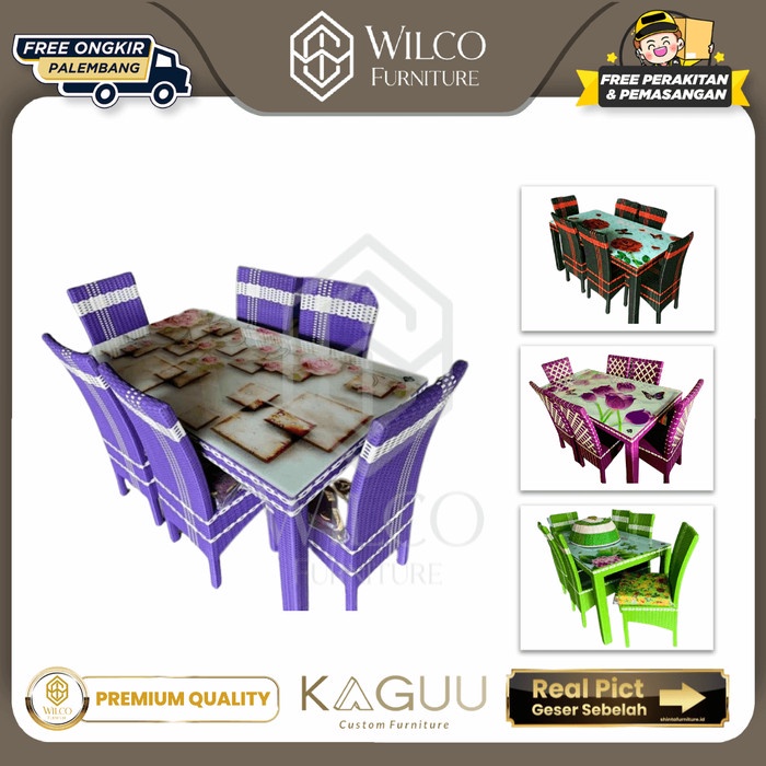 Meja Makan Rotan Sintesis 6 Kursi Ungu + Kaca Furniture Palembang