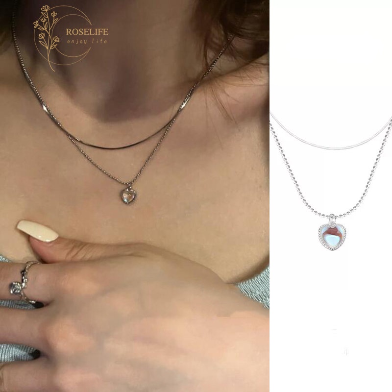 Roselife Double Layered Korea Glossy Moonstone Heart Pendant Necklace Untuk Wanita Gadis Elegan Perak Tipis Manik Rantai Kalung Engagment Pesta Perhiasan Hadiah