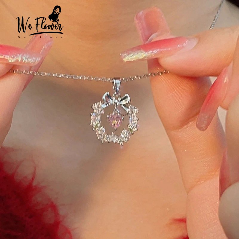 Kami Bunga Halus Berkilau Kristal Merah Muda Hati Garland Liontin Kalung Untuk Wanita Perempuan Elegan Penuh Zirkon Karangan Bunga Pesona Perak Tulang Selangka Rantai Kalung Perhiasan