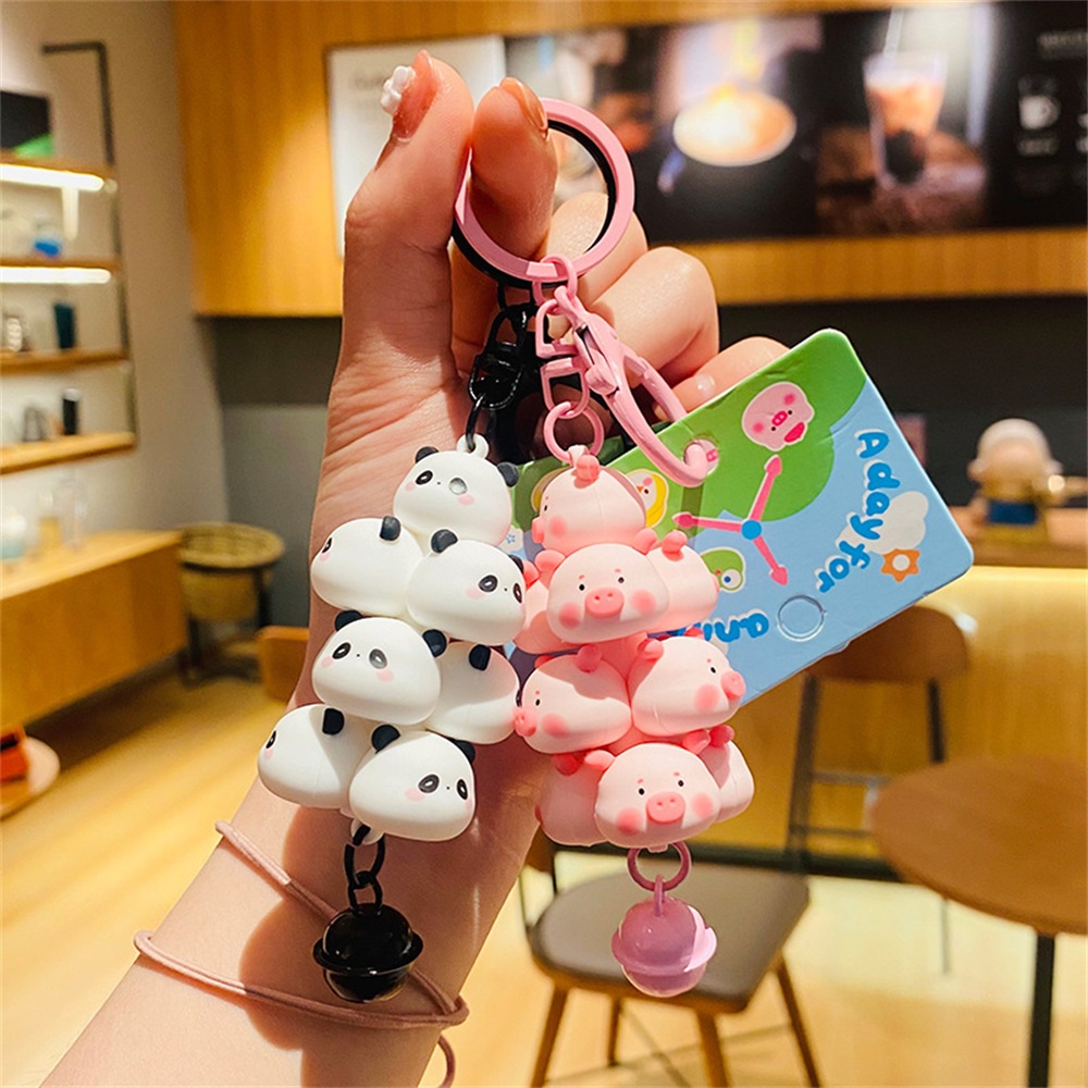 Gantungan Kunci Ayam Babi Panda Lucu Tumpuk Kreatif Bell Liontin Keyring Bag Aksesoris