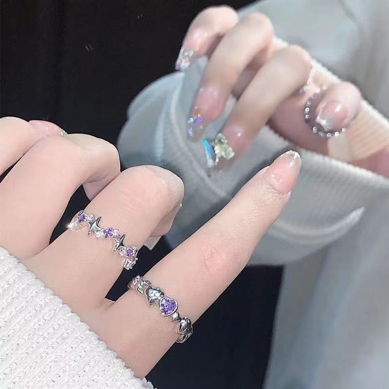 Fashion Berlian Ungu Hati Bintang Berujung Empat Zirkon Pembukaan Cincin Yang Dapat Disesuaikan