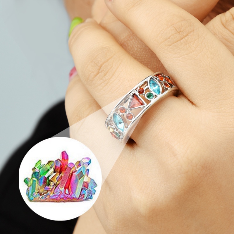 Cincin Kuarsa Kristal Warna-Warni/Cincin Zirkon Geometris Tidak Teratur Multi Warna/Wanita Melubangi Cincin Jari Batu Permata Imitasi