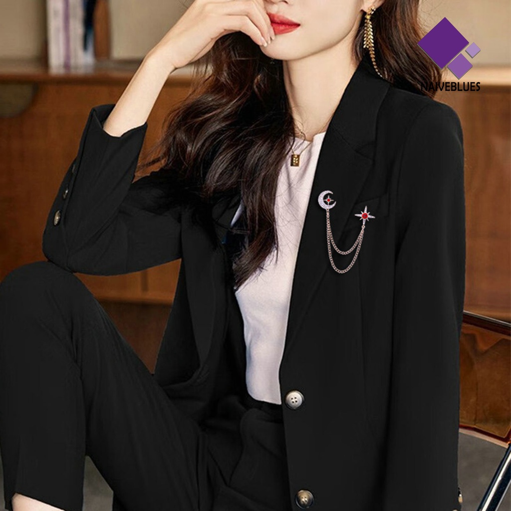 &lt; Naiveblues &gt; Bros Bulan Bintang Mempesona Berlian Imitasi Hias Gantung Elegan Pria Wanita Jas Kerah Collar