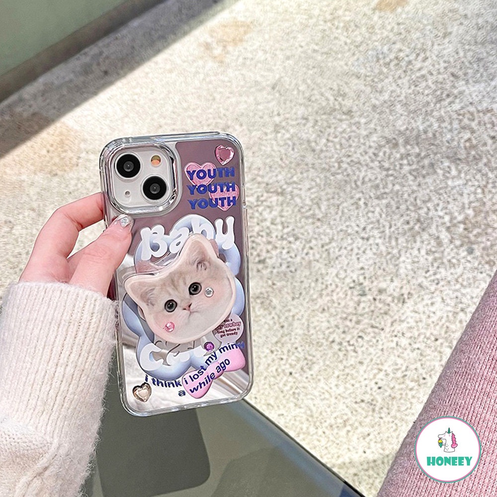 Mirror Lovely Kitty Cat Grip Holder Phone Case Untuk iPhone 14 ProMax 13 12 Pro Max11 Cases Wanita Lucu Bracket Stand Soft Cover