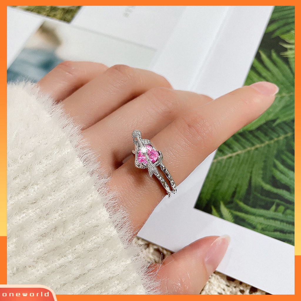 [EONE] Wanita Cincin Lapisan Ganda Dapat Disesuaikan Desain Terbuka Eye-catching All-match Perhiasan Hadiah Merah Muda Kristal Imitasi Wanita Panah Melalui Jantung Jari Cincin Aksesoris Fashion