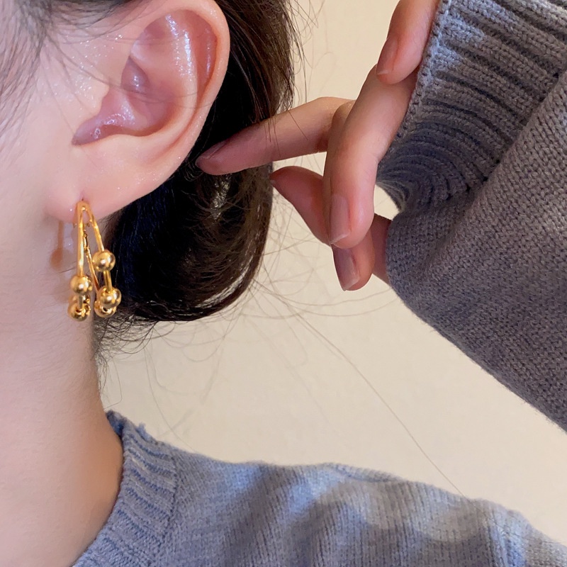 S925 Perak Disepuh Menjuntai Manik Bulat Double Layer Earrings Hoop Ear Studs Untuk Gadis Manis Keren