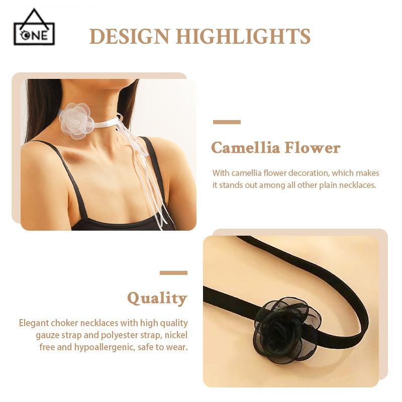 COD❤️Waktu Seksi Choker Kerah Perhiasan Retro-Hitam Renda Camellia Kalung Pesta Makan Malam Neck-Band Wanita Fashion Adjustable Neckl-A.one