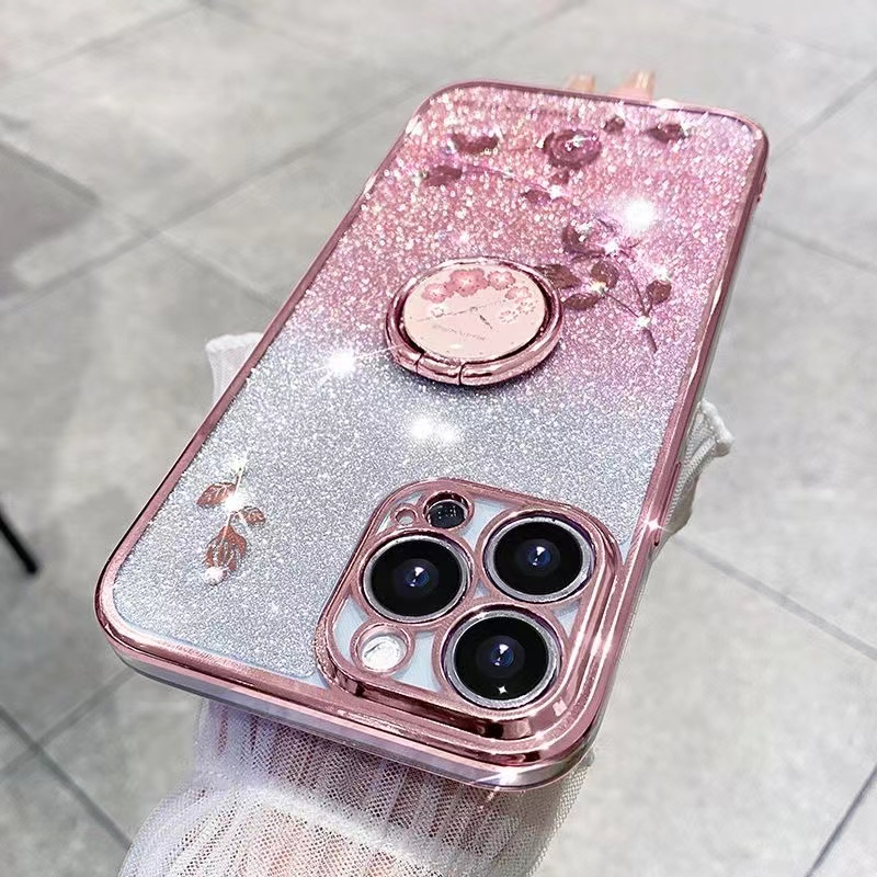 IPHONE Bunga Abadi Gradual Sparkling Pink Band Gelang Bracket Phone Case Iphone11 12 13 14 Pro MAX X XS MAX XR 7 8 Plus SE 2020 Shockproof Case Cover