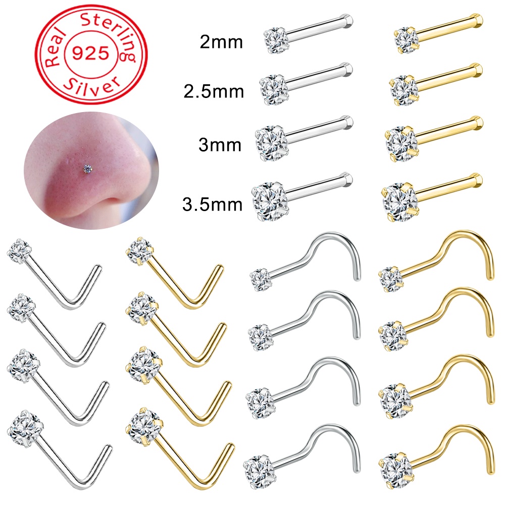 1pc 2.5/2.5/3.5mm Tindik Hidung Kristal925 Sterling Silver Nose Stud Zircon Nostril Piercing Bentuk L Hidung Stud 18G/20G