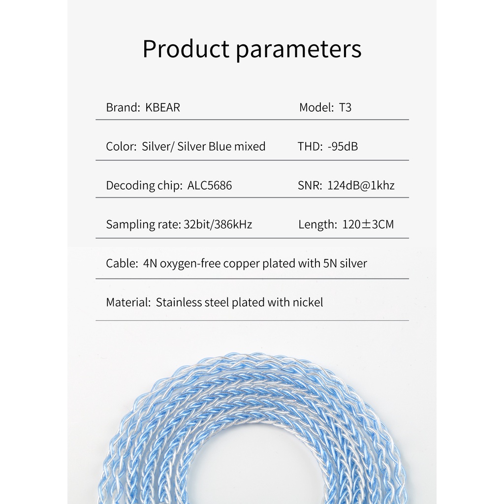 Kbear Kabel Upgrade Decoding T3 Lapis OFC 8-Core Kemurnian Tinggi Dengan Konektor Silver MMCX/2PIN/TFZ Untuk KZ