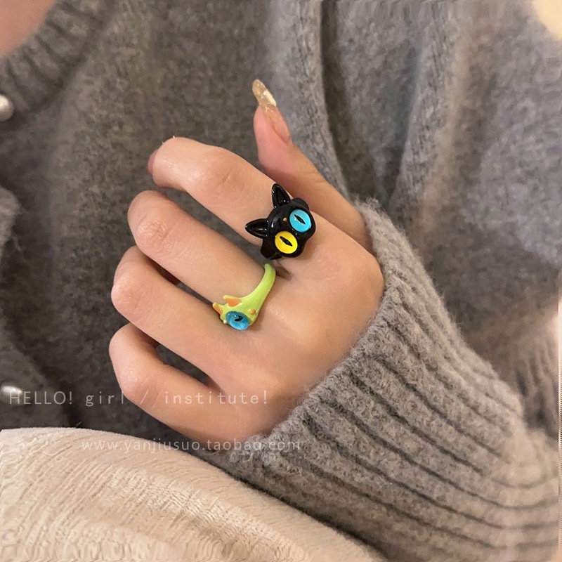 Cincin Monster Kucing Hitam Lucu Untuk Ins Perempuan Dengan Rasa Desain Kecil Kepribadian Fashion Cincin Untuk Sahabat Dan Pasangan Cincin Ekor