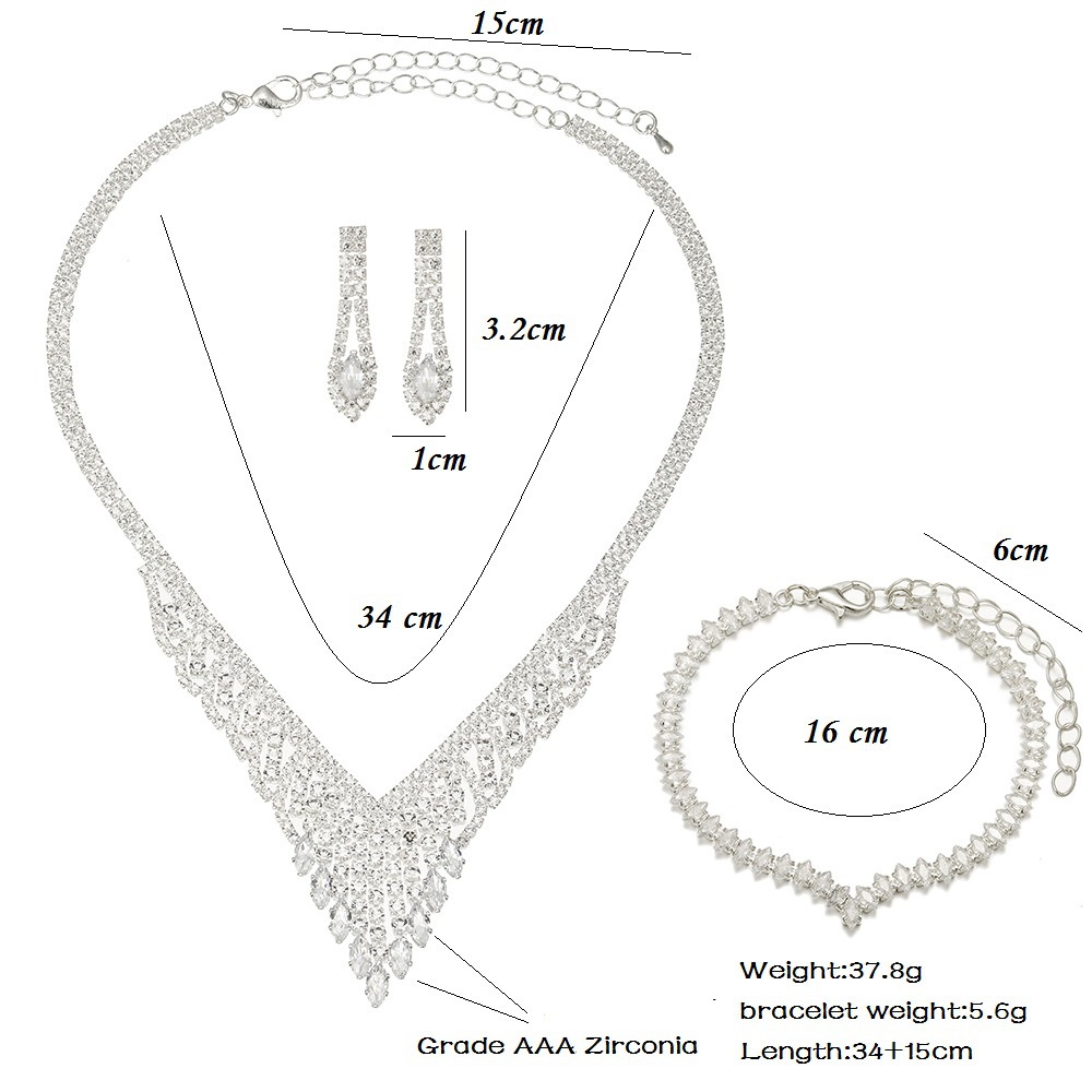 3buah Set Perhiasan Kalung Anting Gelang Penuh Berlian Zirkon Aksesoris Perjamuan Pengantin