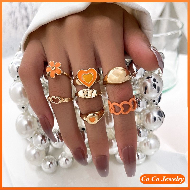 5pcs Set Gaya Korea Cinta Set Geometris Wanita Cincin Lapis Emas