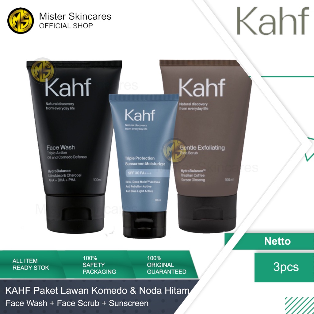 KAHF Paket Bebas Minyak Komedo dan Noda Hitam ( Face Wash Comedo + Face Scrub + Sunscreen )