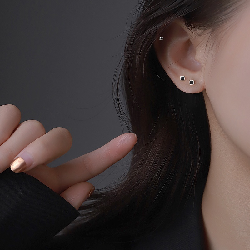 Kami Bunga Minimalis S925 Perak Kecil CZ Zirkon Stud Anting-Anting Untuk Wanita Perempuan Elegan Hitam Mungil Kubus Kristal Anting-Anting Sederhana Fashion Telinga Perhiasan
