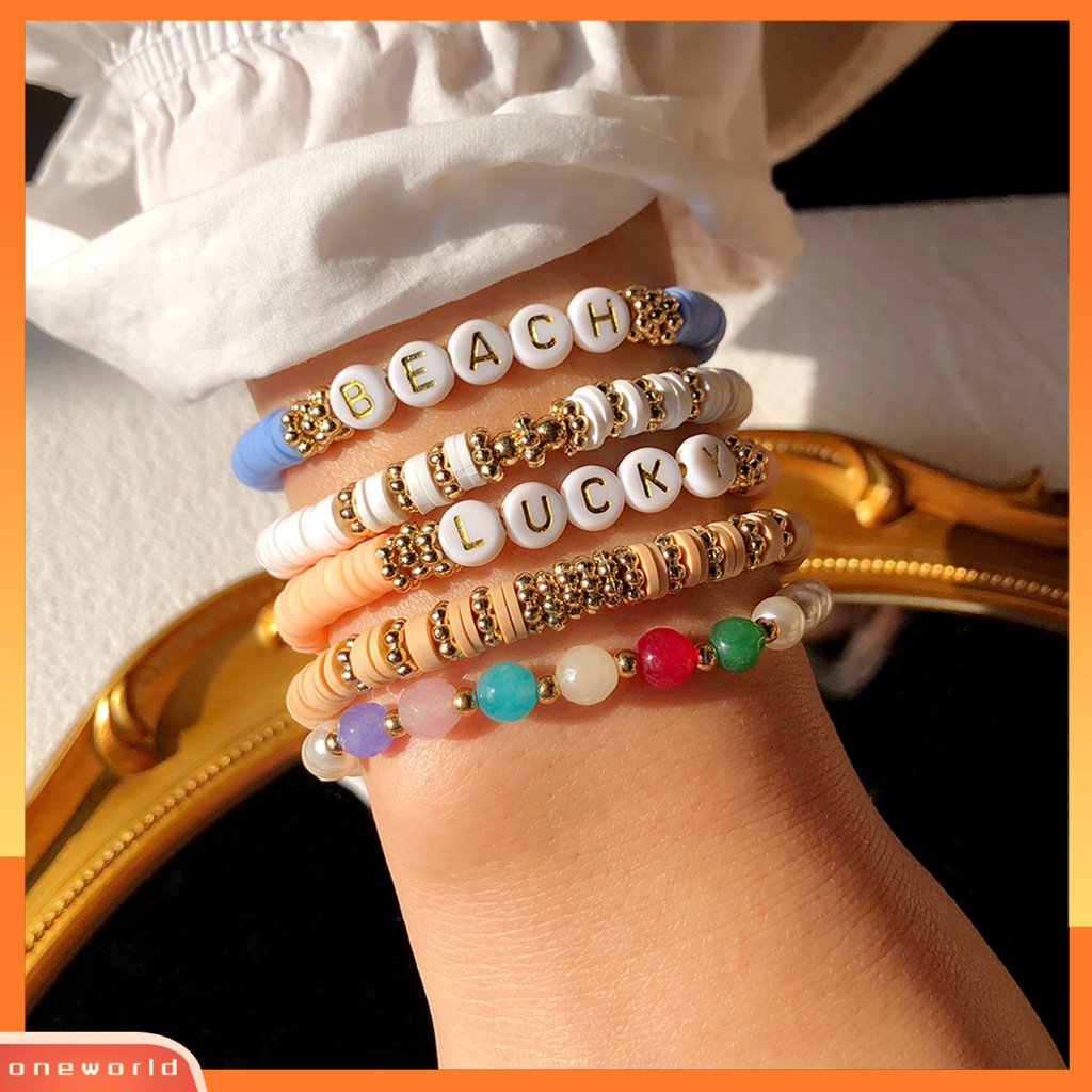 [EONE] Wanita Gelang Huruf Bahan Polymer Clay Elastis Indah Ringan Gelang Boho Untuk Pesta