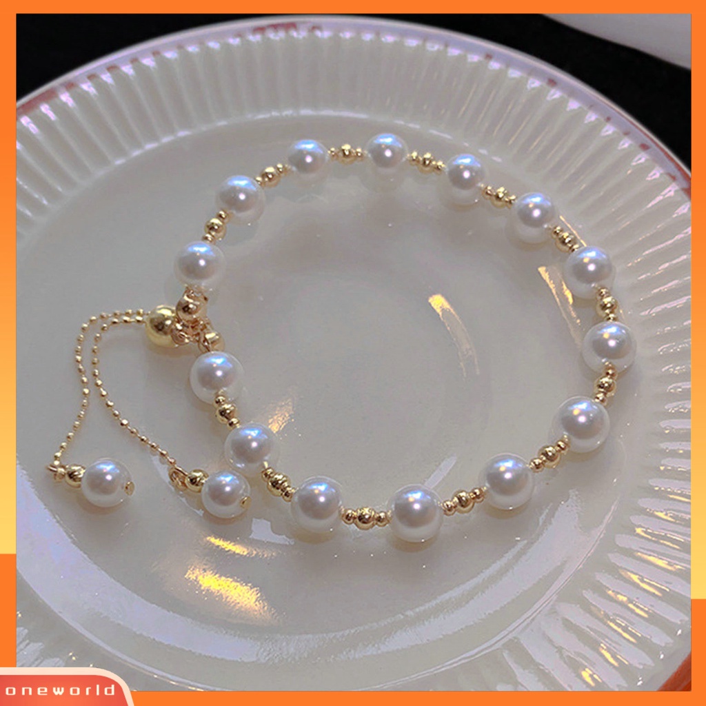 [EONE] Wanita Gelang Manik-Manik Dapat Disesuaikan Elegan Dainty Gaya Sederhana Hadiah Golden High Gloss Mutiara Imitasi Gelang Gadis Fashion Perhiasan