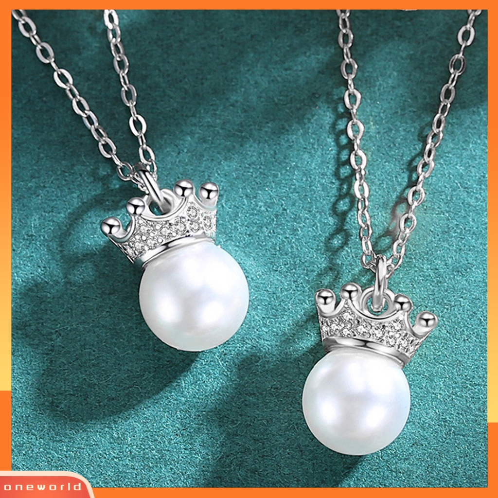 [EONE] Rantai Klavikula Bentuk Mahkota Bersinar Liontin Mutiara Imitasi Finishing Terang Anti Karat Berdandan Colorfast Bulat Liontin Kalung Aksesori Pakaian