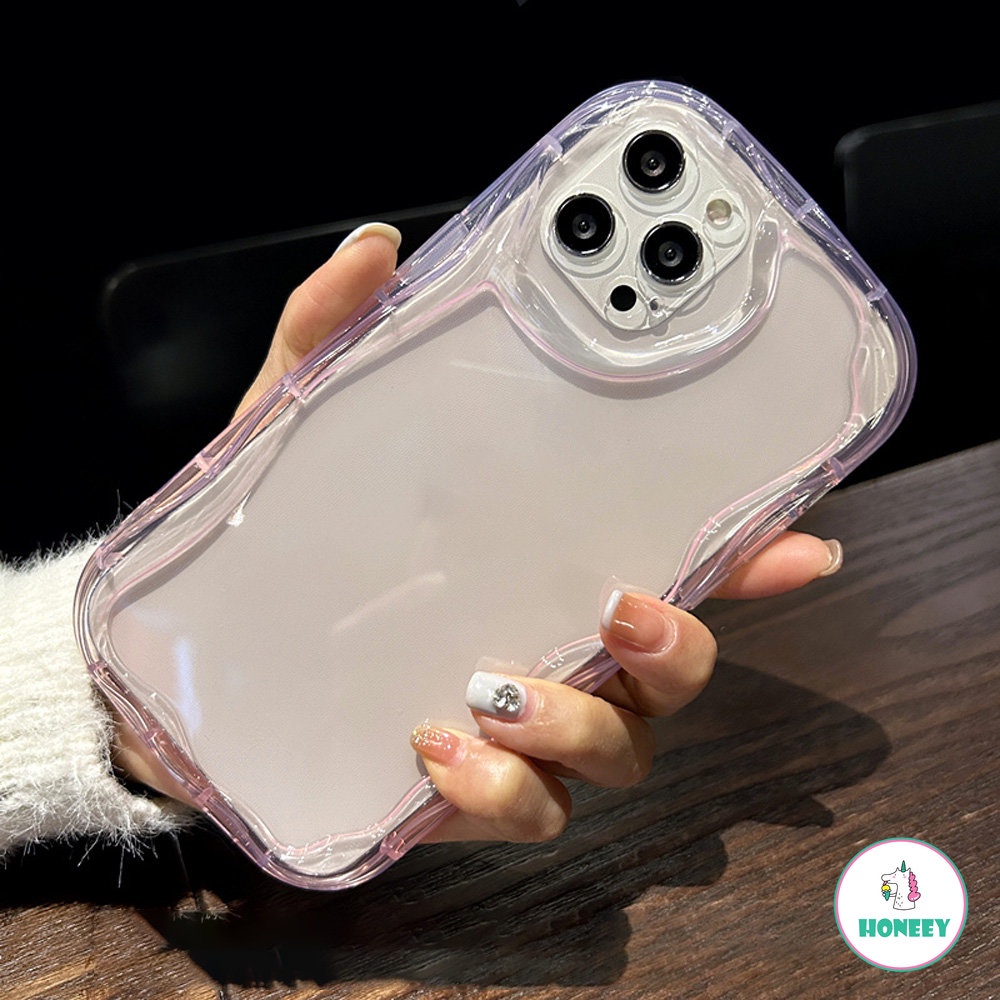 IPHONE Fashion Oval Curly Wavy Lensa Phone Case Untuk Iphone11 12 13 14 Pro Max XR XS Max Simple Bening Silikon Shockproof Lembut Penutup Belakang