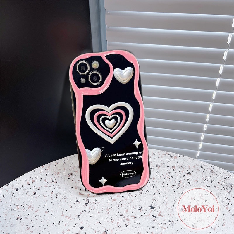 IPHONE Casing Ponsel Kompatibel Untuk Iphone11 12 13 14 Pro Max XR 7Plus 8Plus X 7 8 6s 6 Plus XS Max SE 2020 INS Pink Love Heart Leopard 3D Wavy Curved Edge Glossy Shockproof Soft Tpu Cover