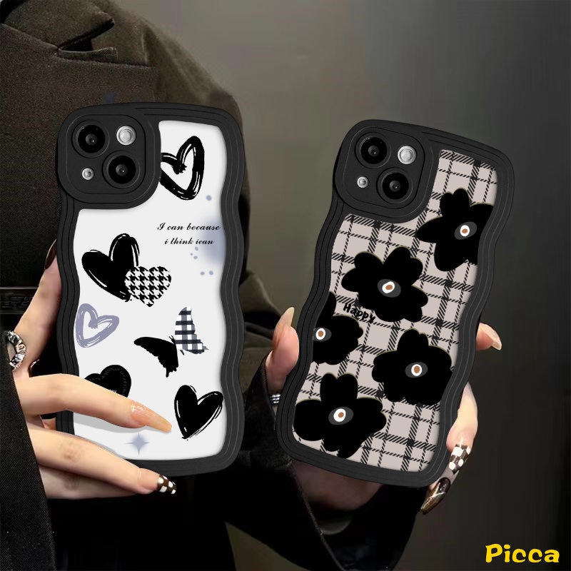 Case Untuk Redmi Note10 8 9 10s 11s 11 9s Pro Redmi 9C 9A 10C 12C A1 10A 9T 9 10 A1+POCO M3 X3 NFC Pro Mi 11T Pro Motif Kotak Retro Bunga Hitam Kupu Love Heart Wavy Edge Sarung