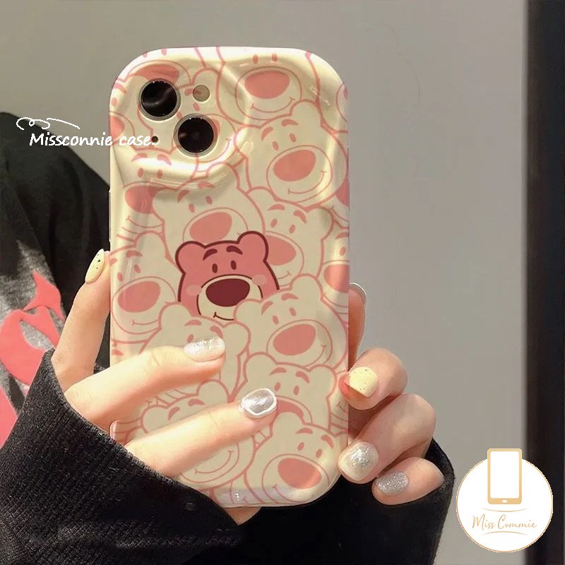 IPHONE Kartun Lovely Strawberry Bear Head Case Kompatibel Untuk Iphone14 11 12 13 Pro Max XR X 7 8 6s 6 Plus XS Max SE 2020 3D Wavy Curved Edge Glossy Shockproof Soft Cover