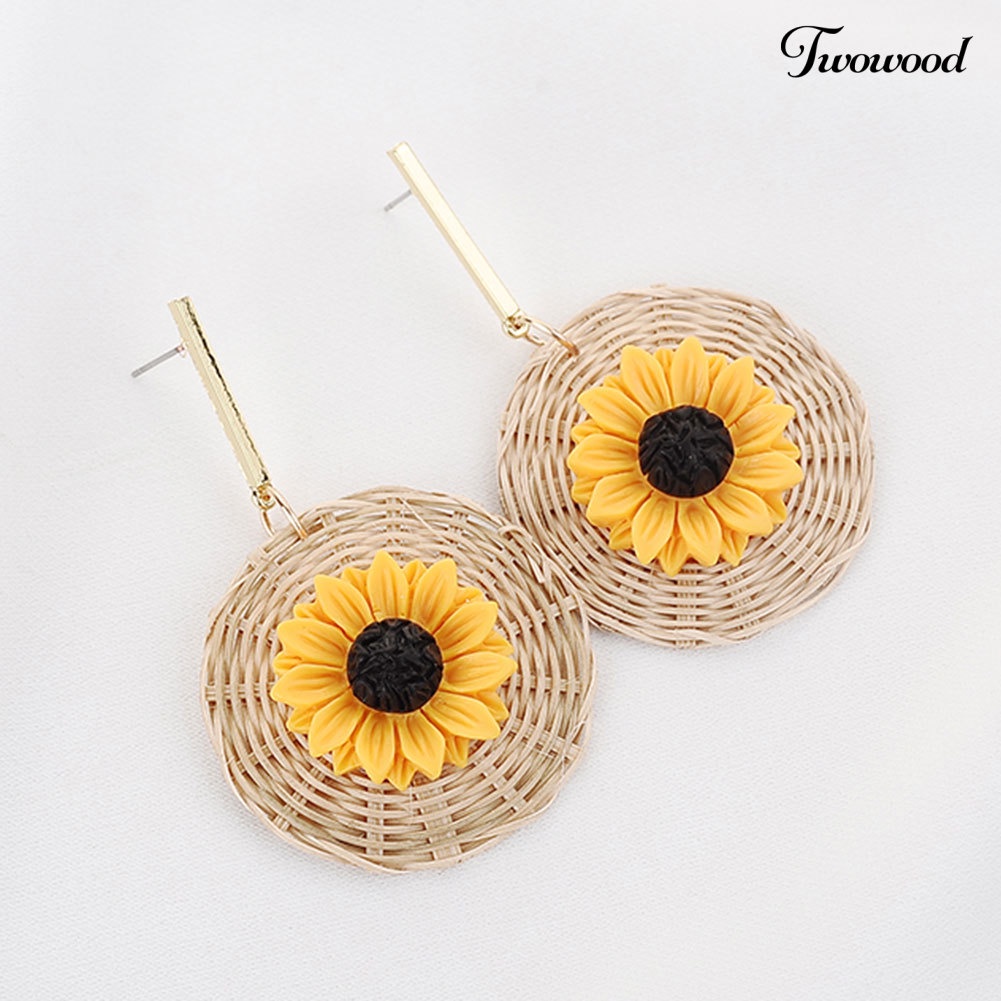 Twowood Boho Bunga Matahari Rotan Anyaman Bulat Liontin Statement Wanita Stud Earrings Perhiasan