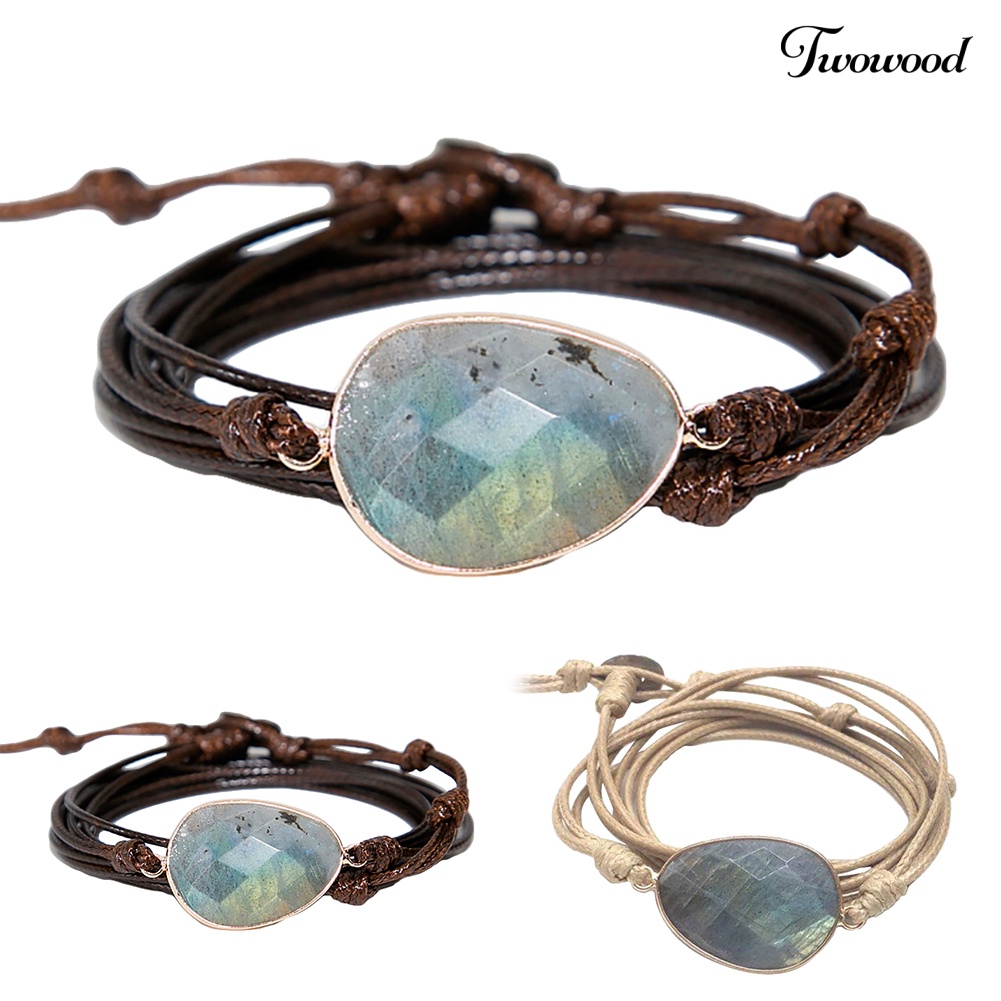 Twowood Boho Unisex Multi Layer Simpul Tali Lilin Labradorite Stone Charm Handmade Gelang